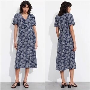 & Other Stories Flutter Sleeve V-Neck Button Front Navy Floral Print Midi Dress